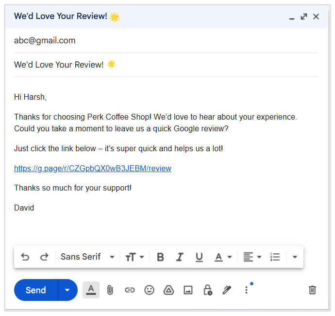 Get Google reviews through email